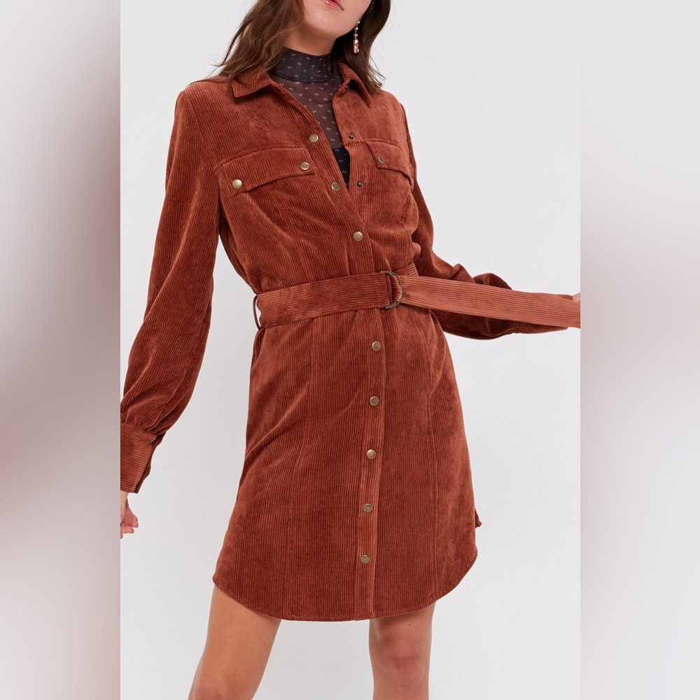 Urban Outfitters Averie Corduroy Belted Shirt Dress in Rust